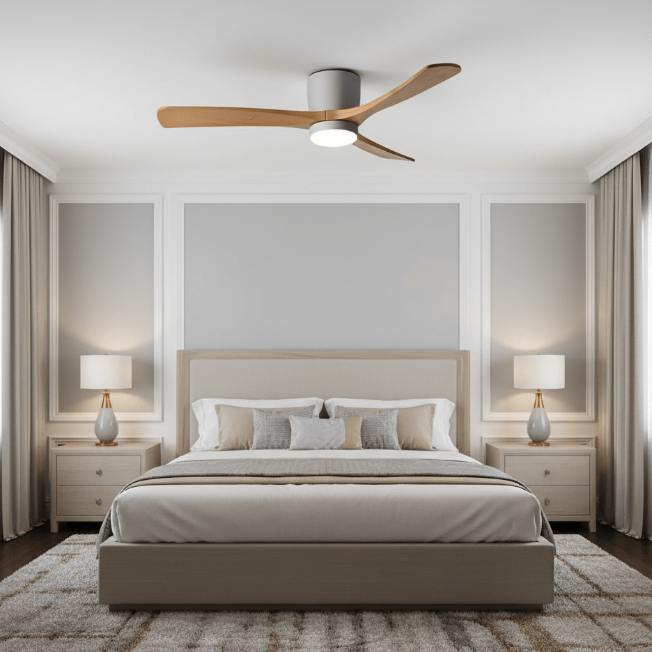 Nordic Wood Ceiling Fan with LED Light – Modern Flush Mount for Living Spaces
