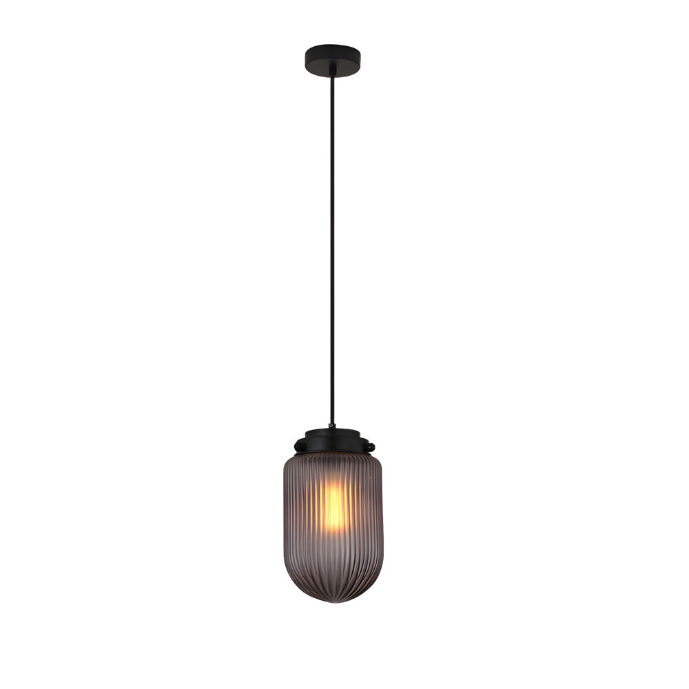 Modern Pinecone Shape Ribbed Glass Shade 1 Light Pendant In Smoke Gray