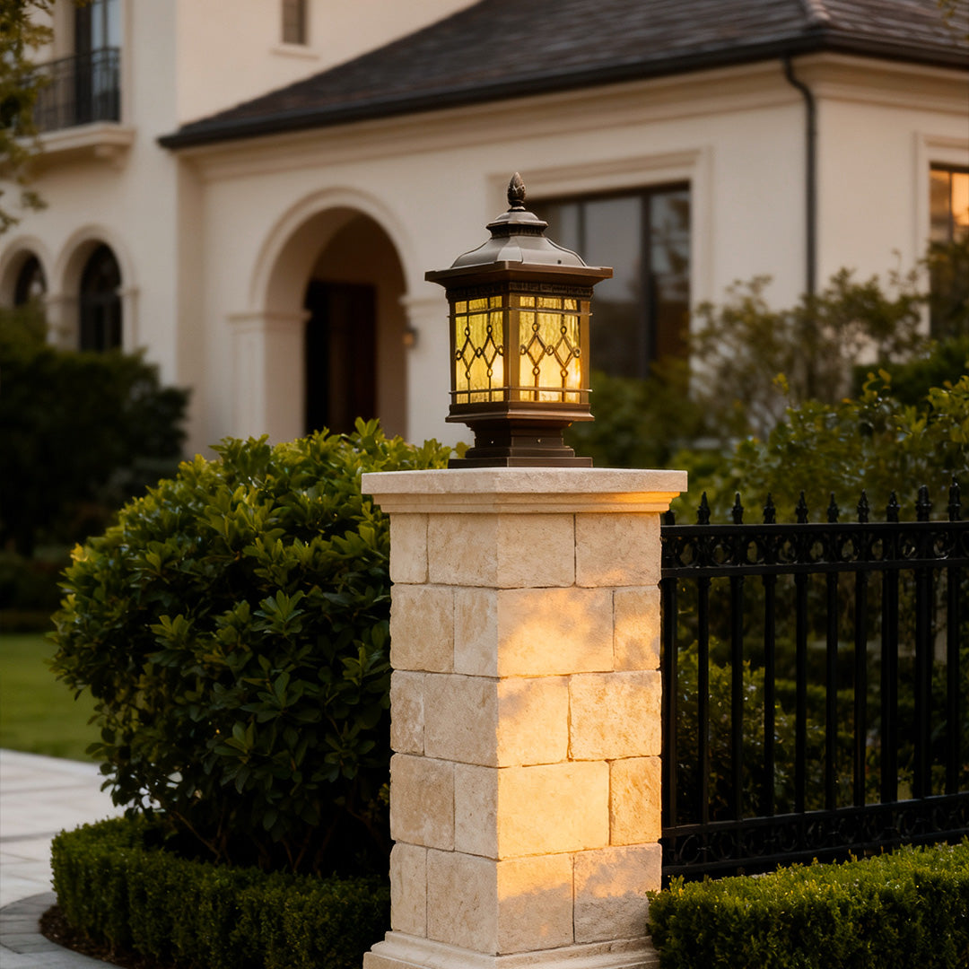 Retro Outdoor Column Light in Coffee Finish with Warm LED