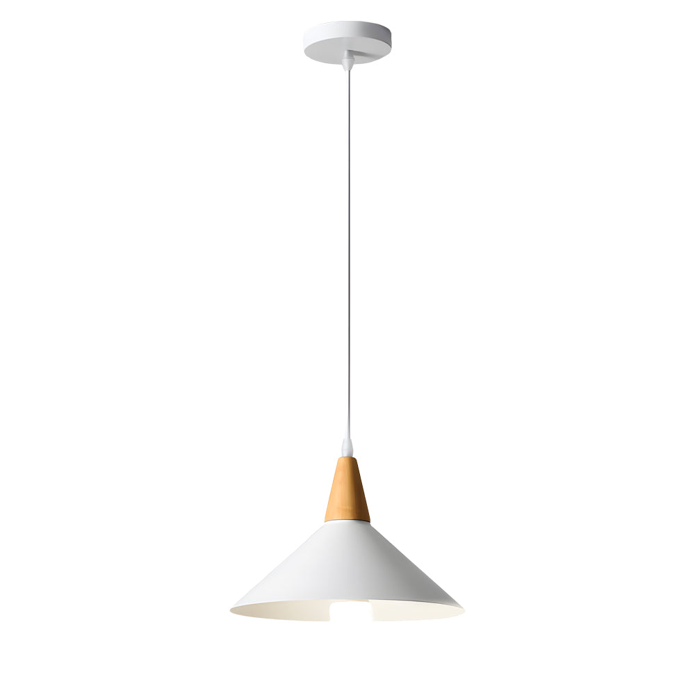 White 1 Light Nordic Metal Cone Pendant Light With Wood Top