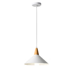 White 1 Light Nordic Metal Cone Pendant Light With Wood Top