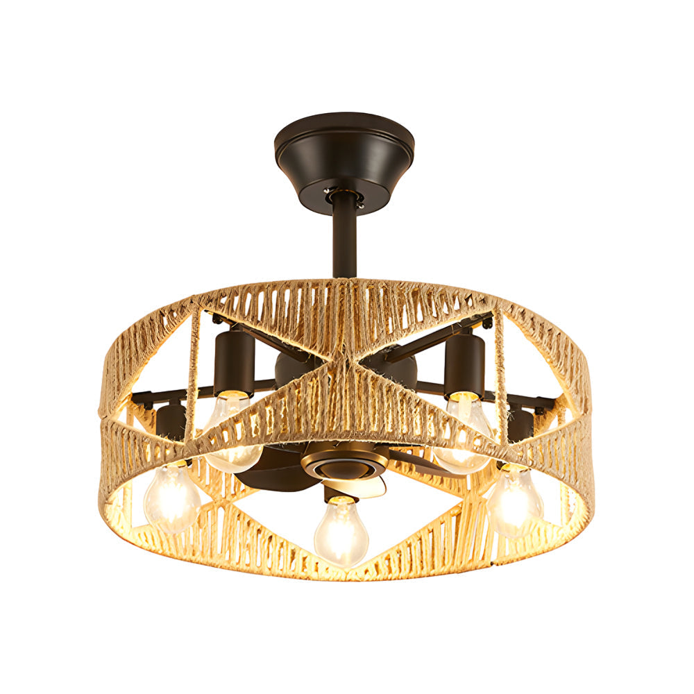 20 In Hemp Rope Woven Caged Ceiling Fan With Light And Remote 6 Speed