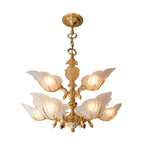 9 Light Italian Chandelier In Brass With Murano Glass Leaves