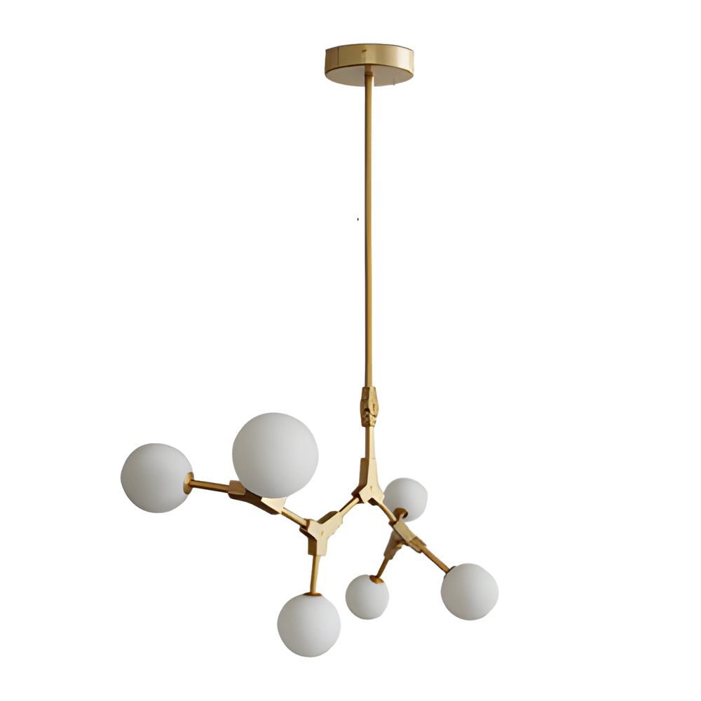 6 8 Light Gold Molecule Chandelier With White Glass Shades