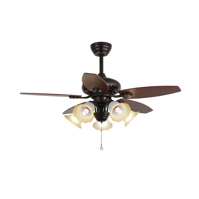 Lily Bloom Ceiling Fan Light with Wood Blades and Amber Glass