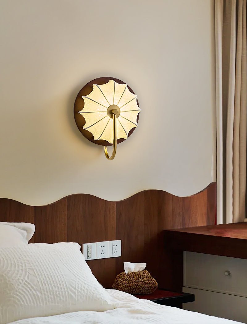 Elowen Fabric Wall Sconce — Modern Brass & Wood LED Wall Light