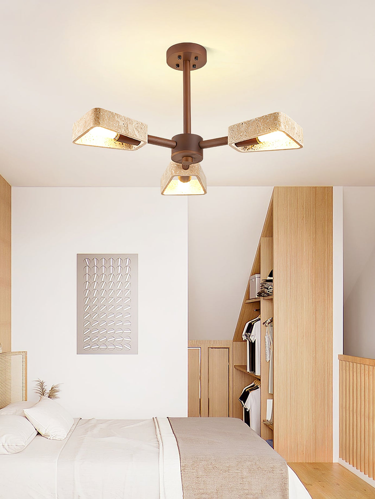 Elementa Travertine Chandelier — Modern Wood & Stone Pendant Light