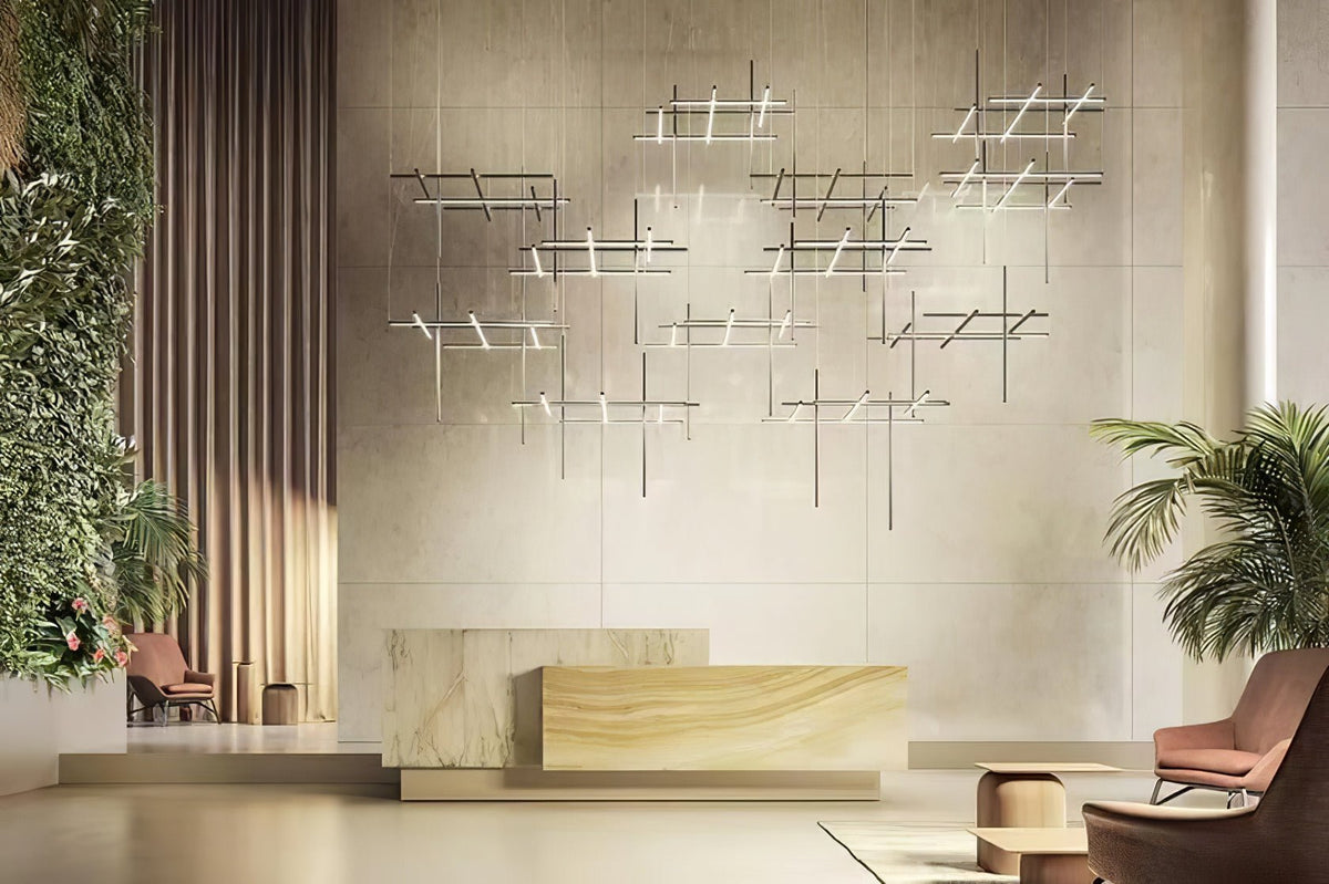 Linear Grid LED Pendant Light in Black or Gold | Modern Geometric Chandelier