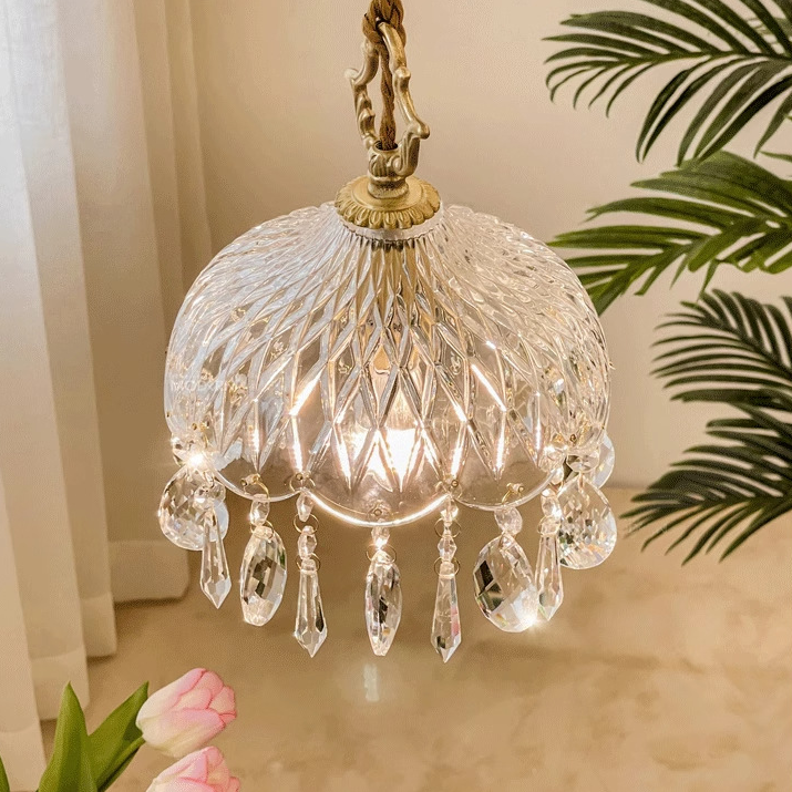 All Copper Retro Light Luxury Crystal Glass Small Pendant Lamp