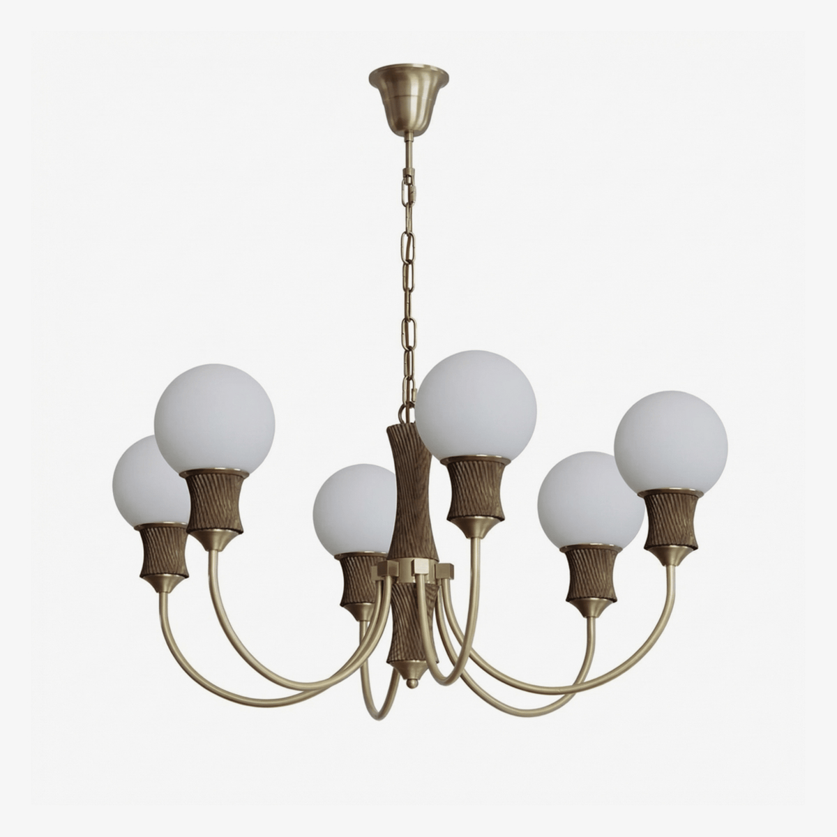 Valdora Globe Chandelier – Six-Light Brass and Wood Pendant for Dining and Living Spaces