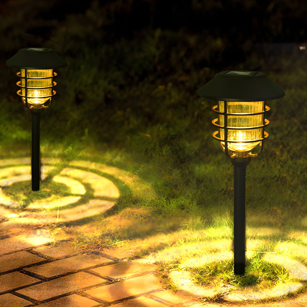 Solar Pathway Lights with Hat Top and Wire-Circled Lampshade