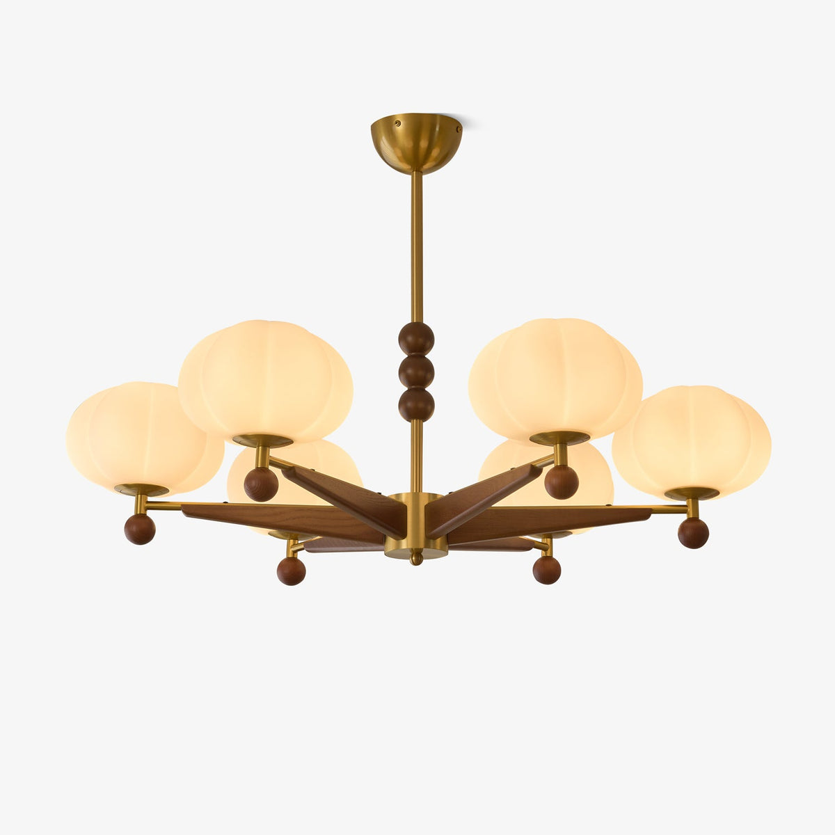 Astrid Bloom Mid-Century Modern Wood & Brass Chandelier with Glass Shades
