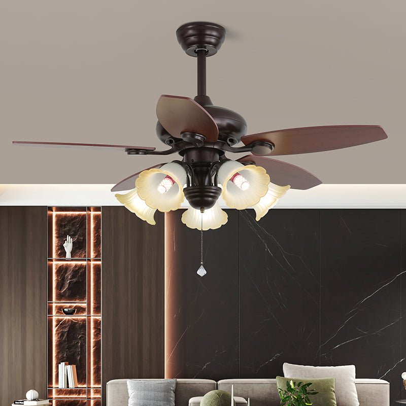 Lily Bloom Ceiling Fan Light with Wood Blades and Amber Glass