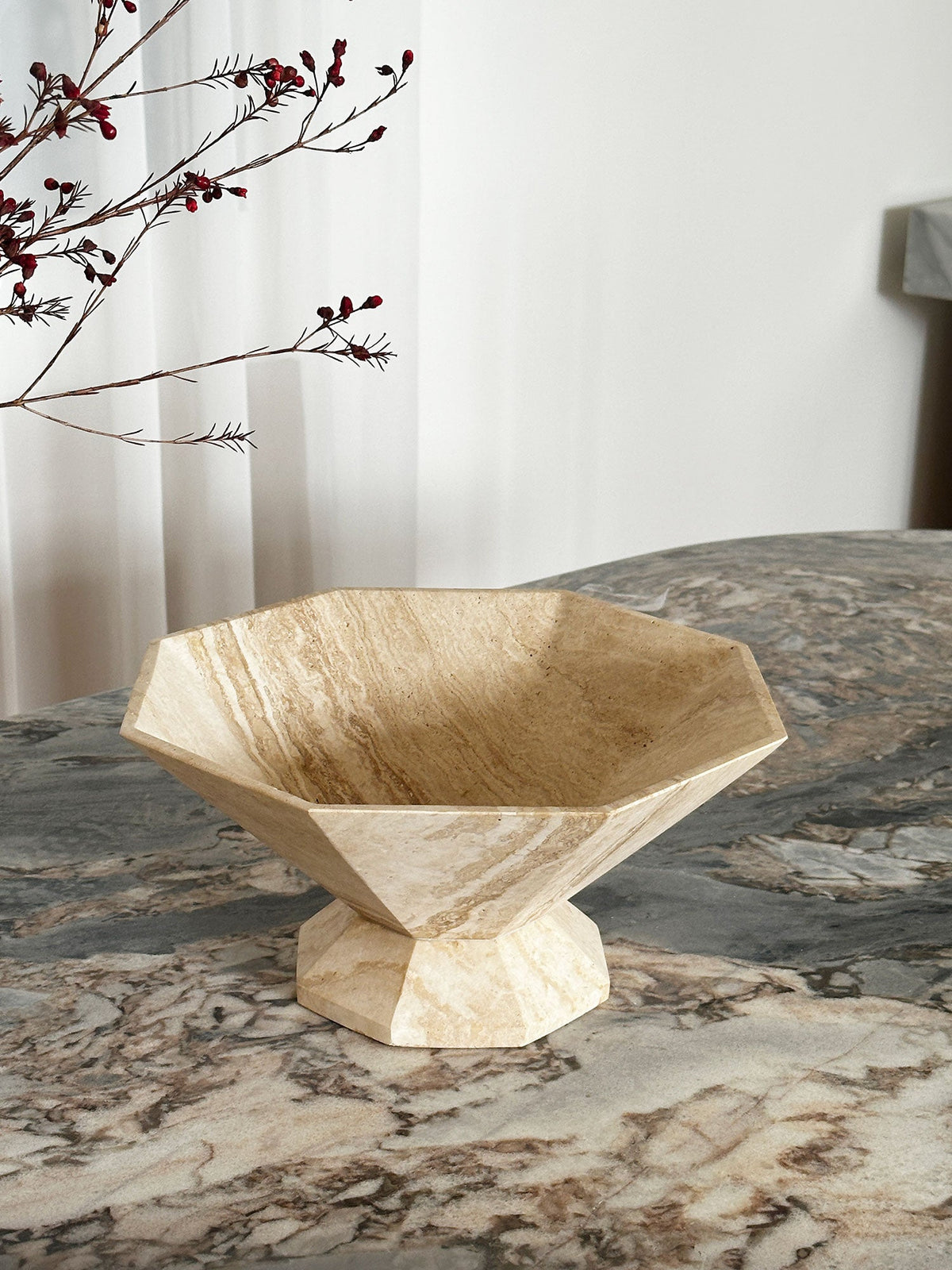 Facet Sculptural Marble Pedestal Bowl & Decorative Catchall Tray