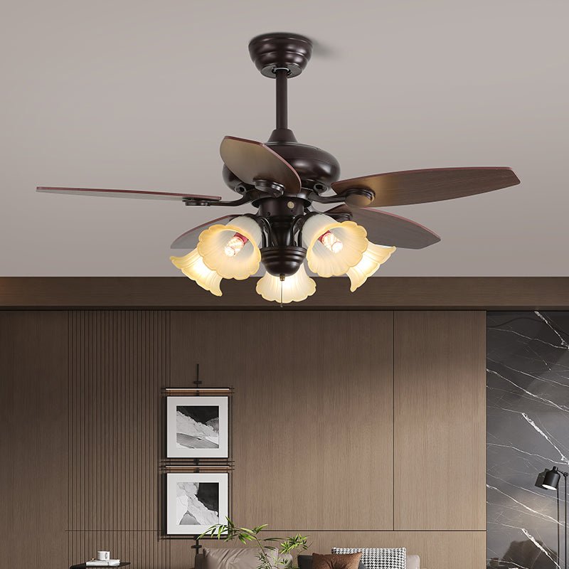 Lily Bloom Ceiling Fan Light with Wood Blades and Amber Glass