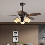 Lily Bloom Ceiling Fan Light with Wood Blades and Amber Glass