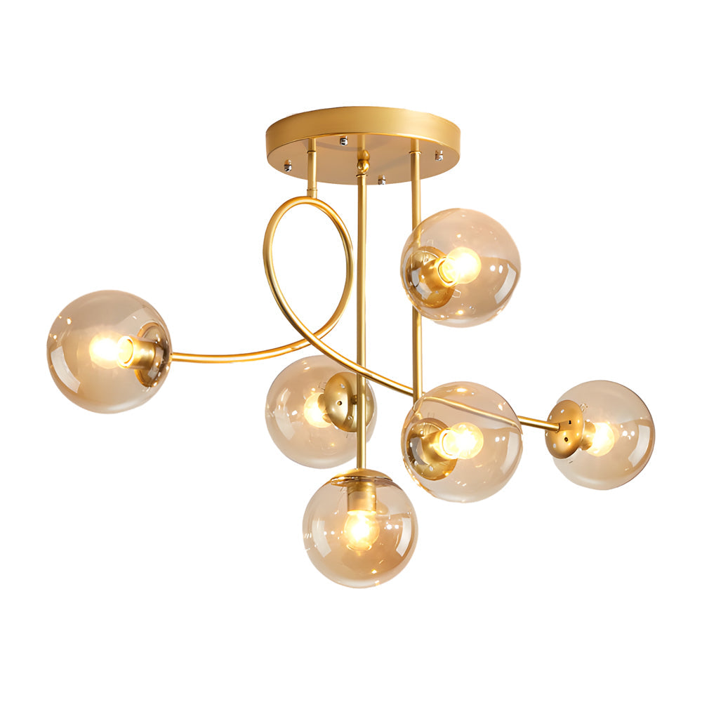 Modern 6 Light Gold Black Semi Flush Mount Chandelier With Glass Shade