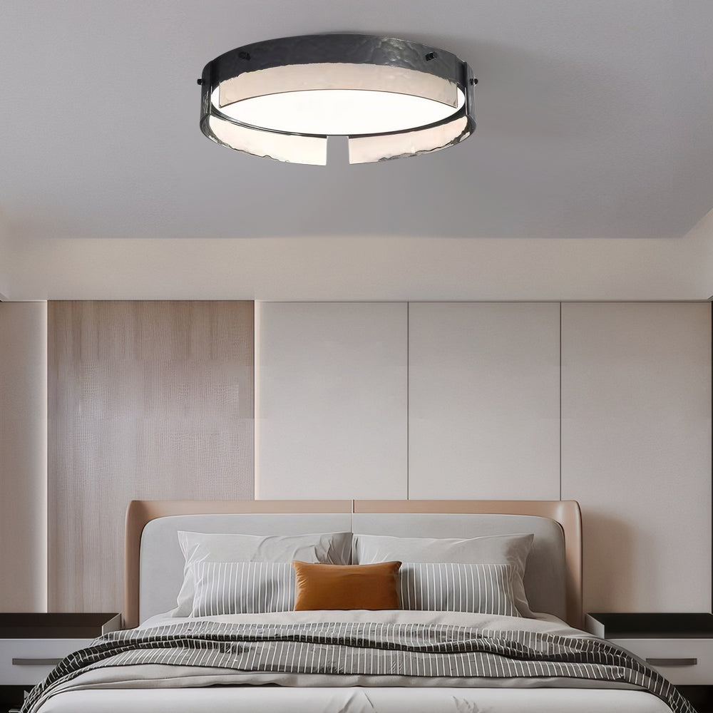 Round Black Hammered Glass Led Flush Mount Ceiling Light