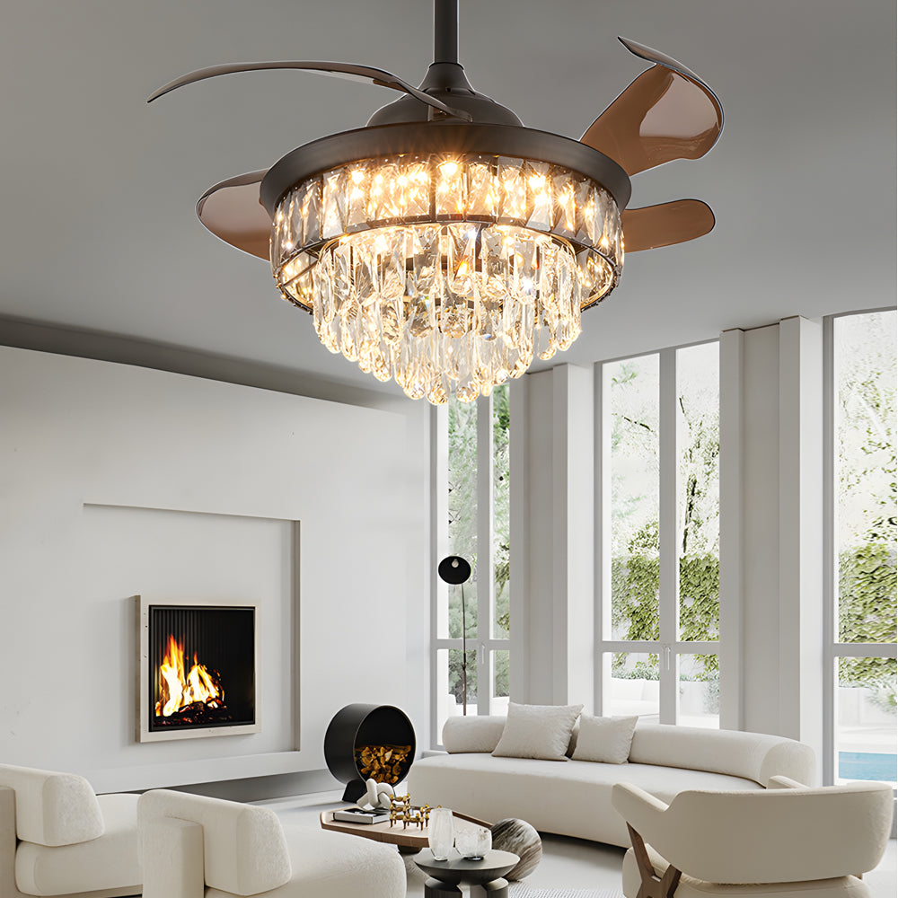 20 Black Crystal Retractable Blades Ceiling Fan With Led Lights