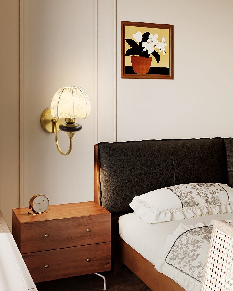 Amelie Floral Wall Sconce – Vintage-Inspired Fabric Shade, Gold or Black Finish