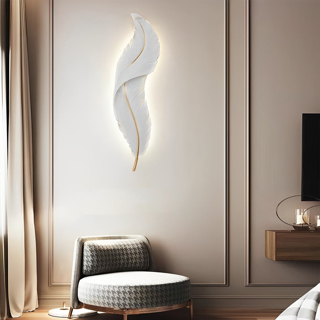 Luxury Modern Feather Wall Sconce with LED Lighting, Hand-Painted Gold Accents