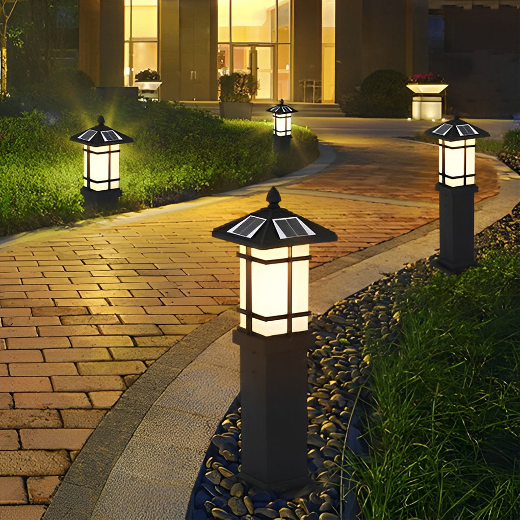 Solar-Powered LED Bollard Lights with Asian-Inspired Design for Modern Outdoor Spaces