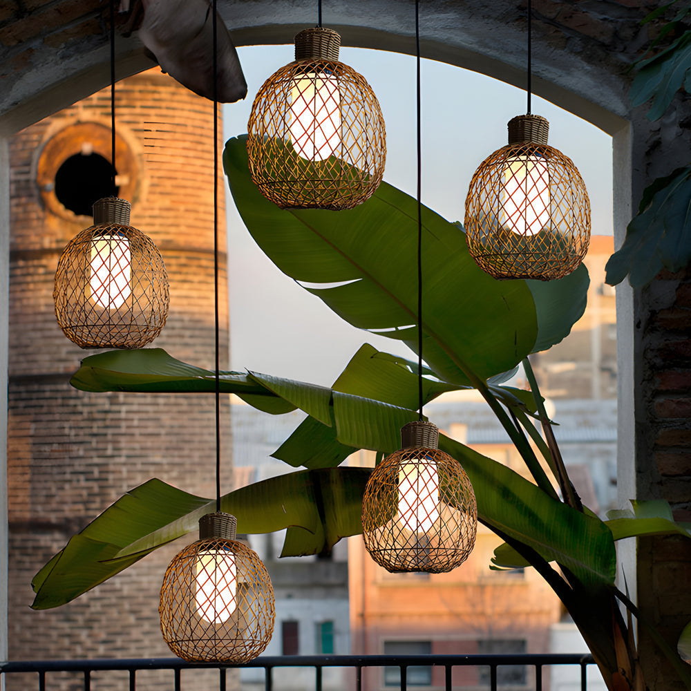 Outdoor Rattan Pendant Lights 10W Rustic Modern Led Ceiling Hanging Lantern Lights