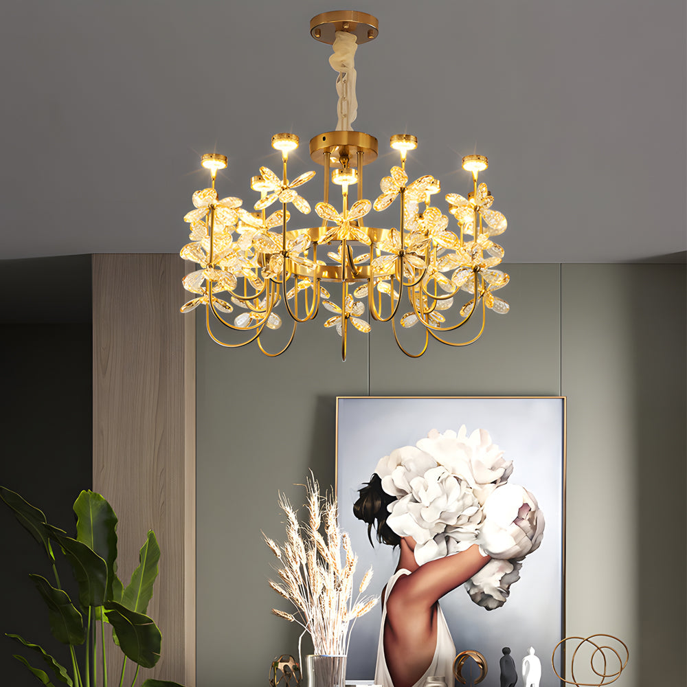 Golden Luxury 24 Light Crystal Flower Chandelier For Living Room