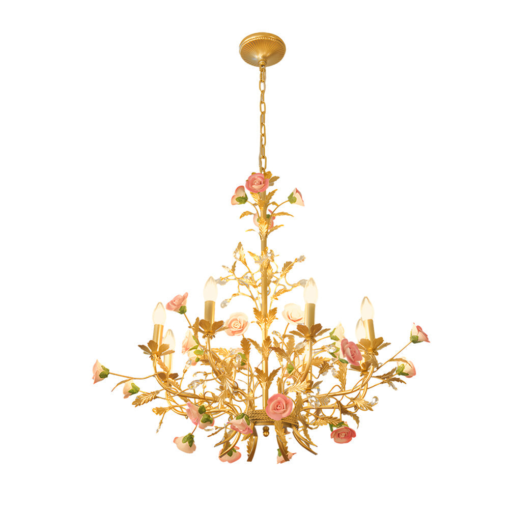 French Luxury Ceramic Pink Roses Chandeliers 6 8 Light Candlelight Pastoral Charm