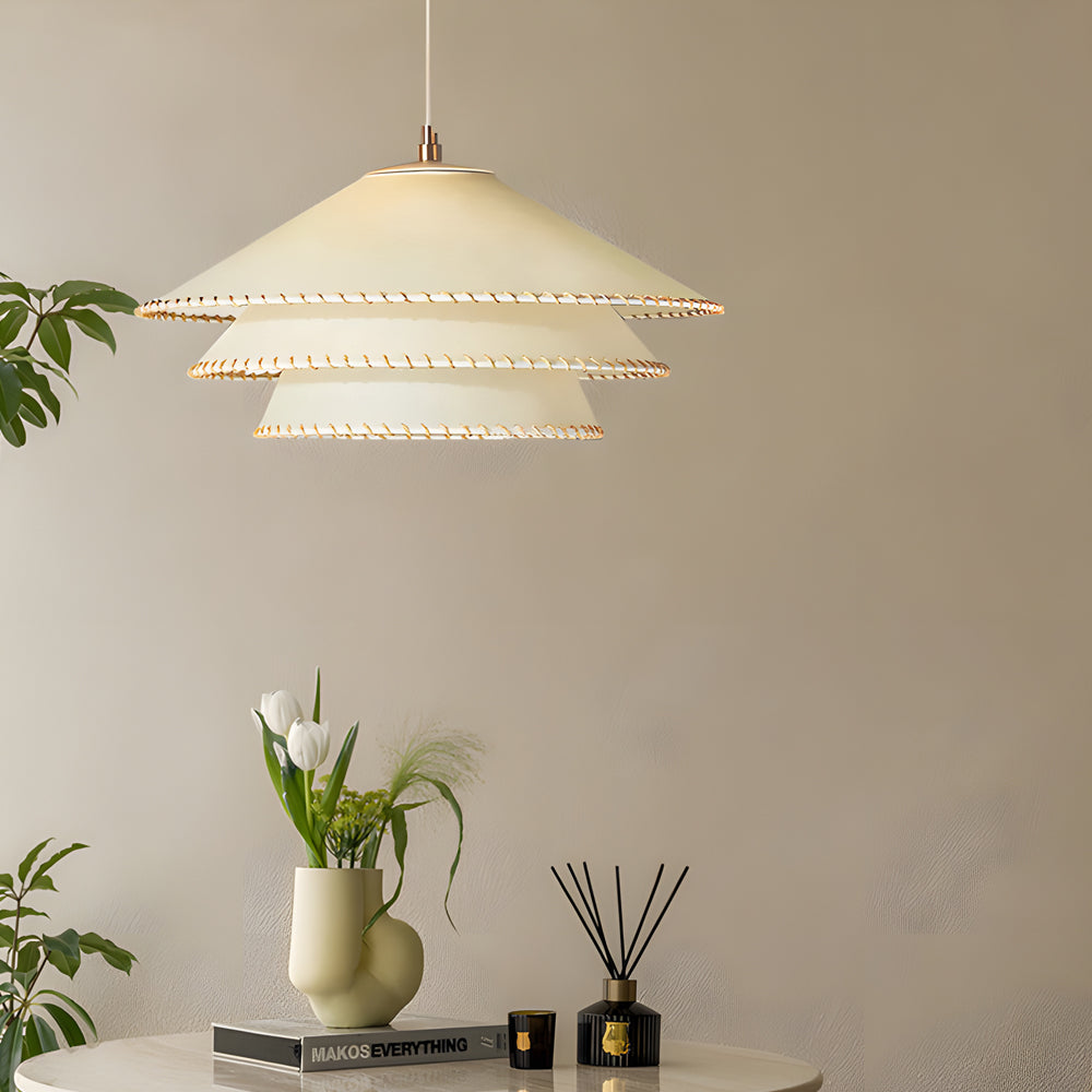 Rustic 3 Tiers Parchment Pendant Light 1 Light Hanging Lamp With Fabric Shade