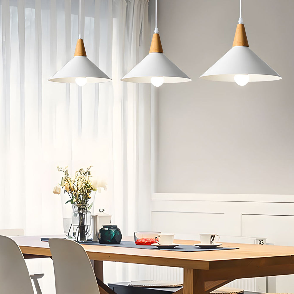 White 1 Light Nordic Metal Cone Pendant Light With Wood Top