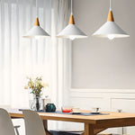 White 1 Light Nordic Metal Cone Pendant Light With Wood Top
