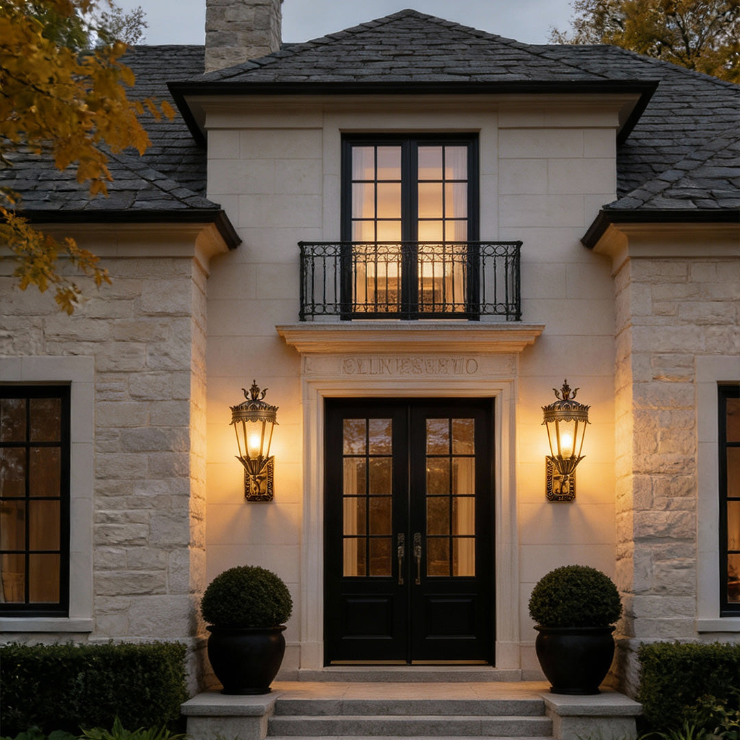 European Vintage Outdoor Wall Lantern in Antique Brass and Clear Glass
