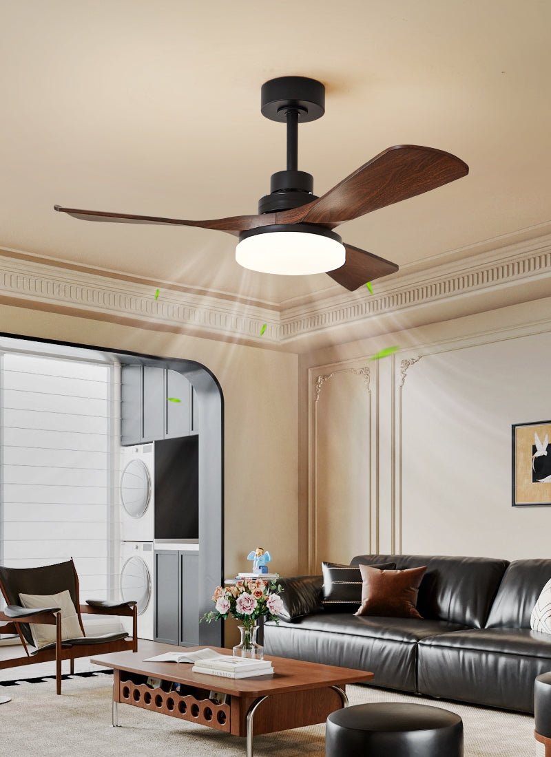 Nilo Ceiling Fan Light with LED, Modern Walnut Blades and Matte Black Finish