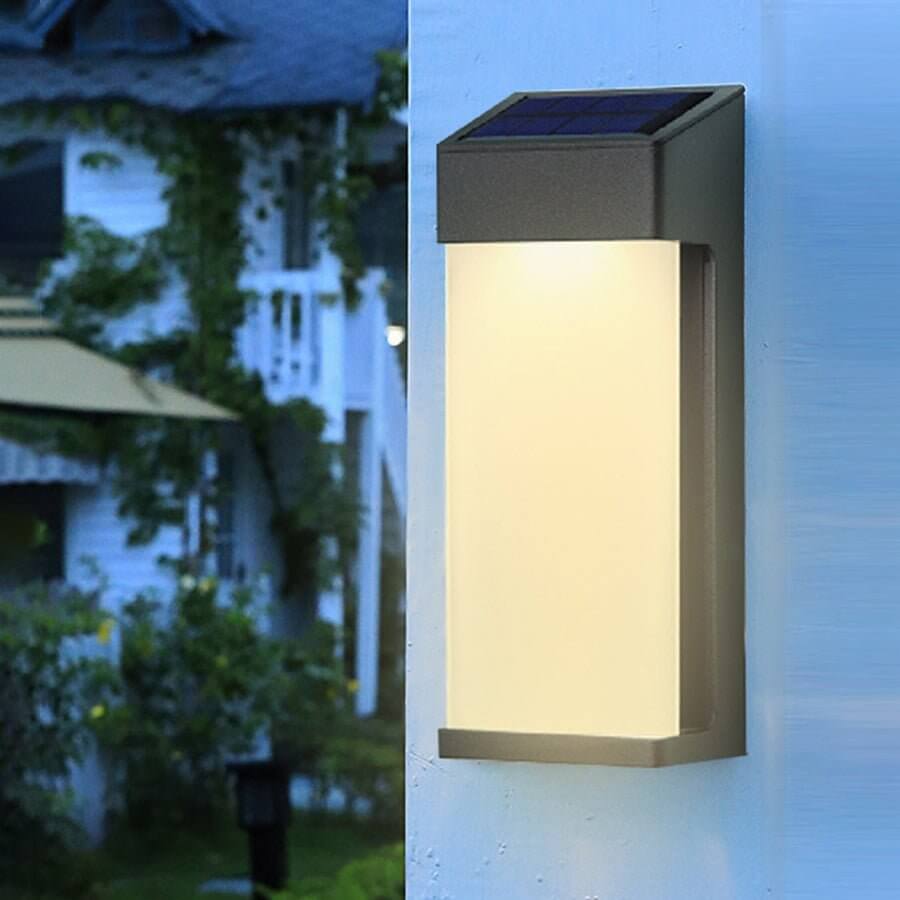 Solar LED Wall Sconce Set of Two in Black with Glass Shade for Modern Outdoor Spaces