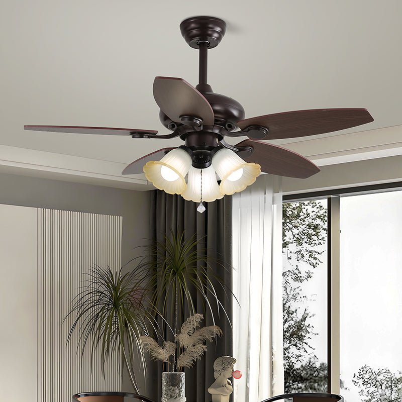 Lily Bloom Ceiling Fan Light with Wood Blades and Amber Glass