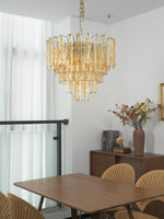 Amber Glass Chandelier with Brass Chain – Modern Luxury Lighting for Dining and Living Spaces