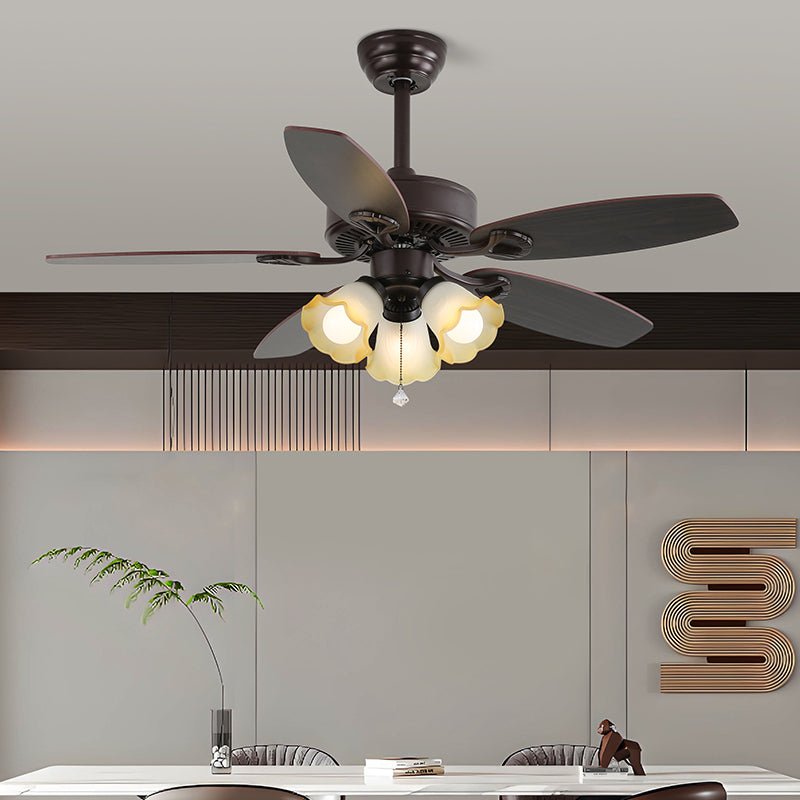 Lily Bloom Ceiling Fan Light with Wood Blades and Amber Glass