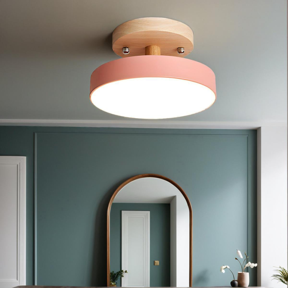 Round Semi Flush Wooden Ceiling Light
