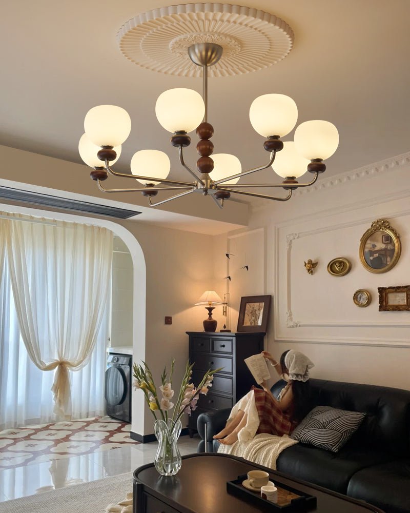Orb Walnut Chandelier – Modern 8-Light Wood & Glass Pendant for Dining Room