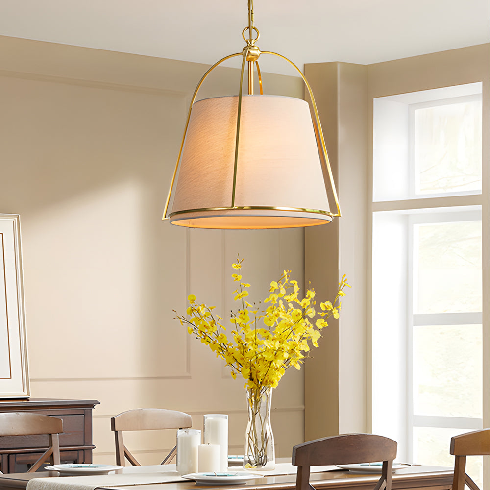 Trapezoid 13 8 Wide Pendant Gold Fixture With White Fabric Shade