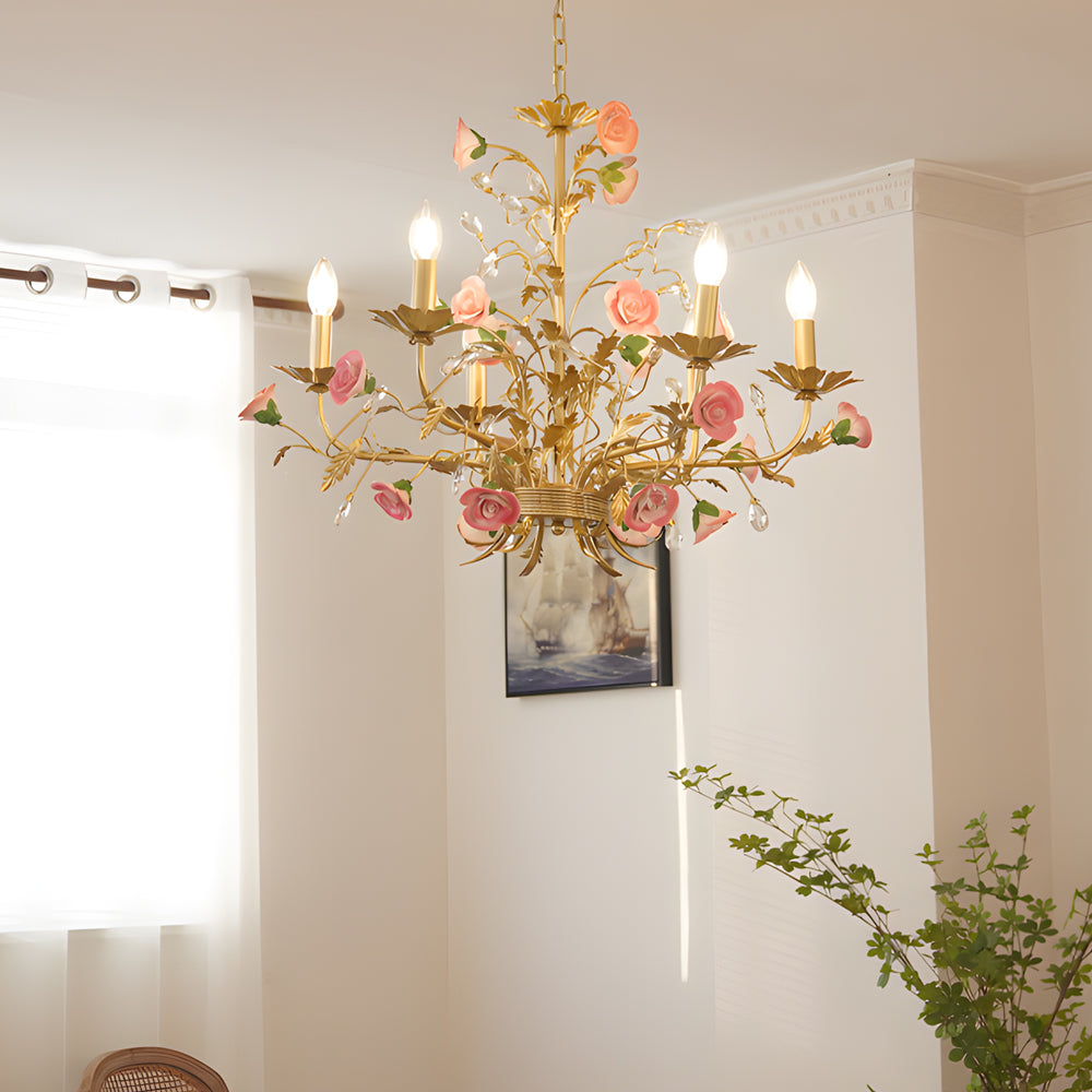 French Luxury Ceramic Pink Roses Chandeliers 6 8 Light Candlelight Pastoral Charm