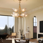 9 Light Italian Chandelier In Brass With Murano Glass Leaves