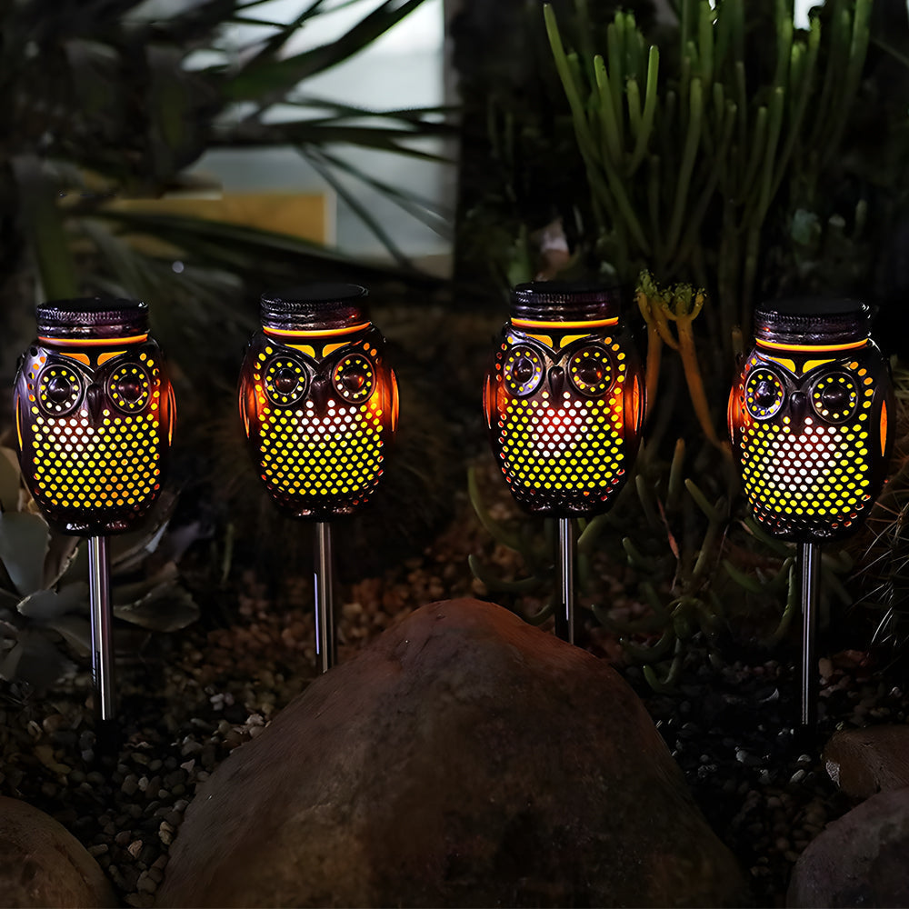 2 Pack Solar Lanterns Flickering Flame Metallic Owl Stake Solar Lights Garden Landscape Lights For Outdoor Decor
