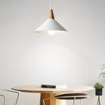 White 1 Light Nordic Metal Cone Pendant Light With Wood Top