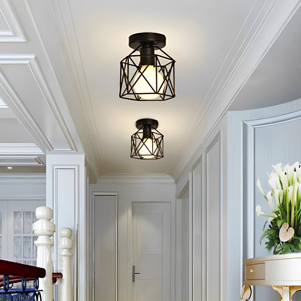 Aurelia Wire Frame Lantern Semi-Flush Ceiling Light in Matte Black