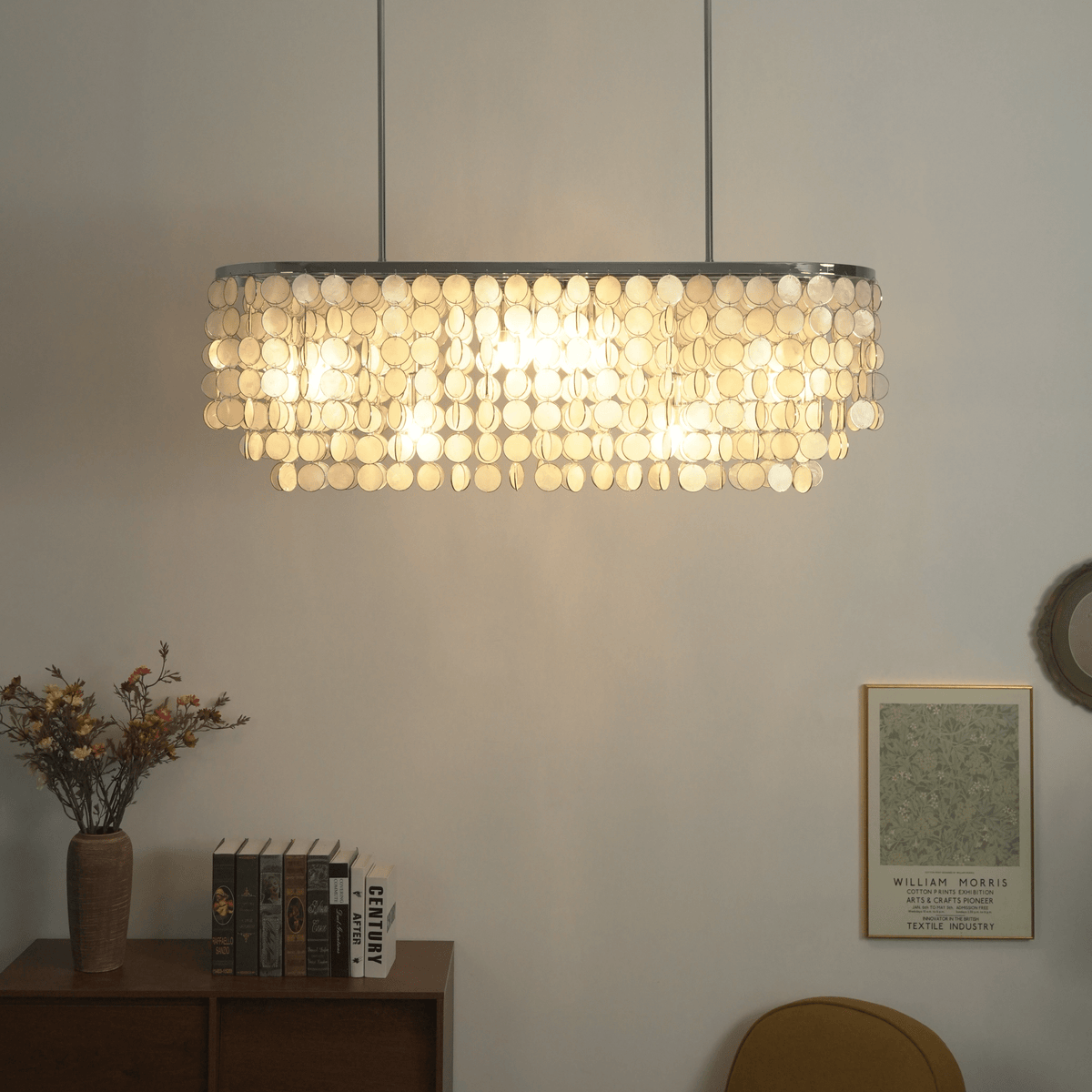 Liora Shell Linear Chandelier – Natural Shell Pendant Light for Dining & Living Rooms
