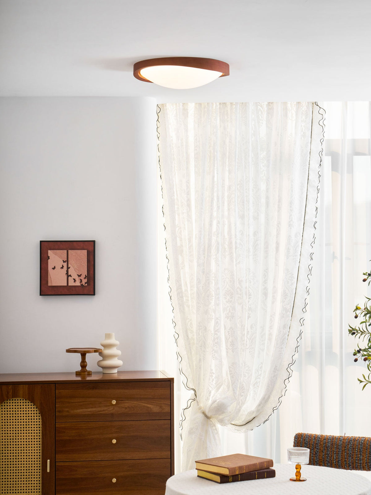Walnut Curved Edge Ceiling Light – Modern Flush Mount LED Fixture