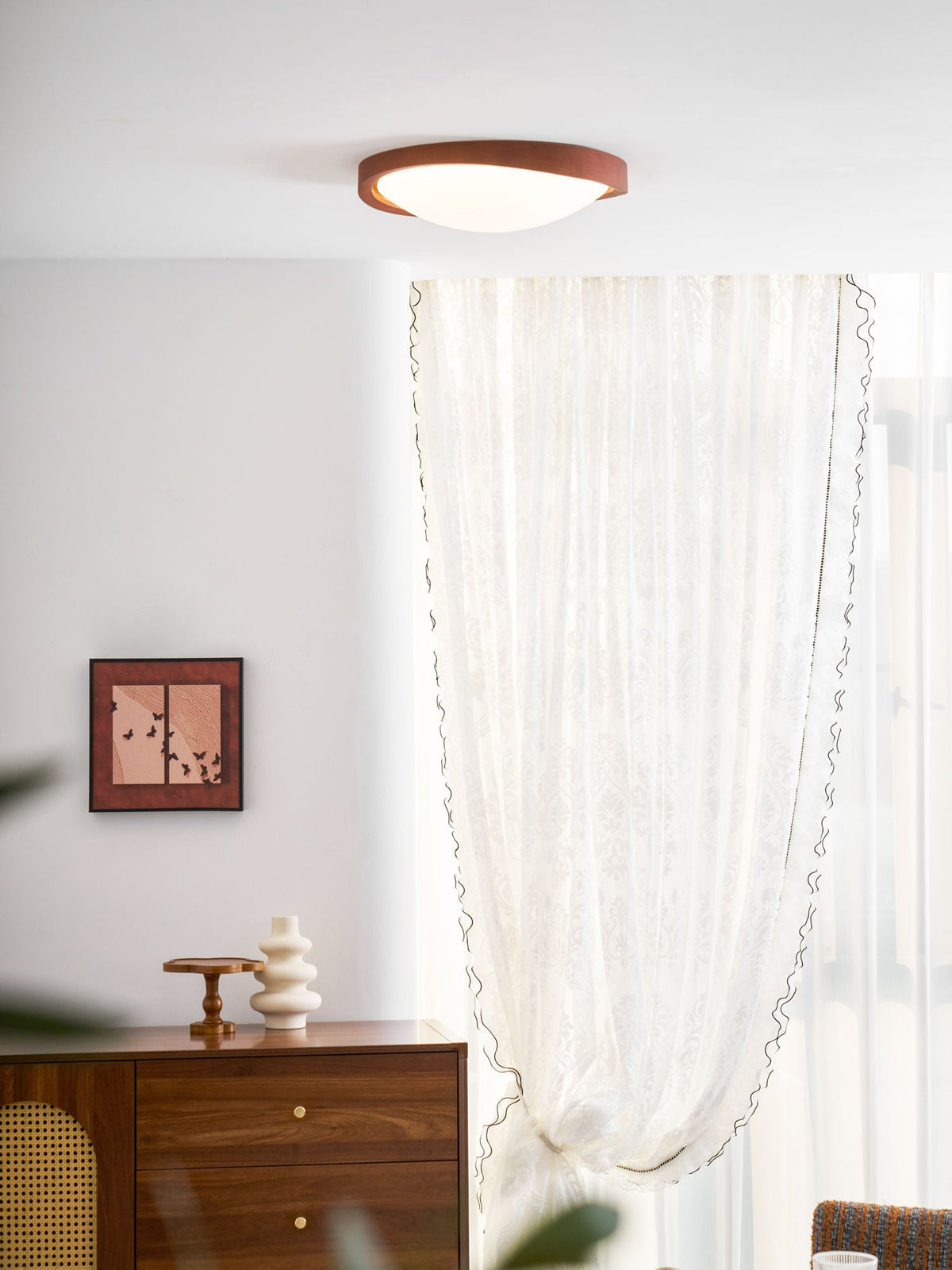 Walnut Curved Edge Ceiling Light – Modern Flush Mount LED Fixture