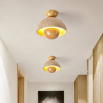 Nerio Travertine Dome Ceiling Light with Wooden Accent